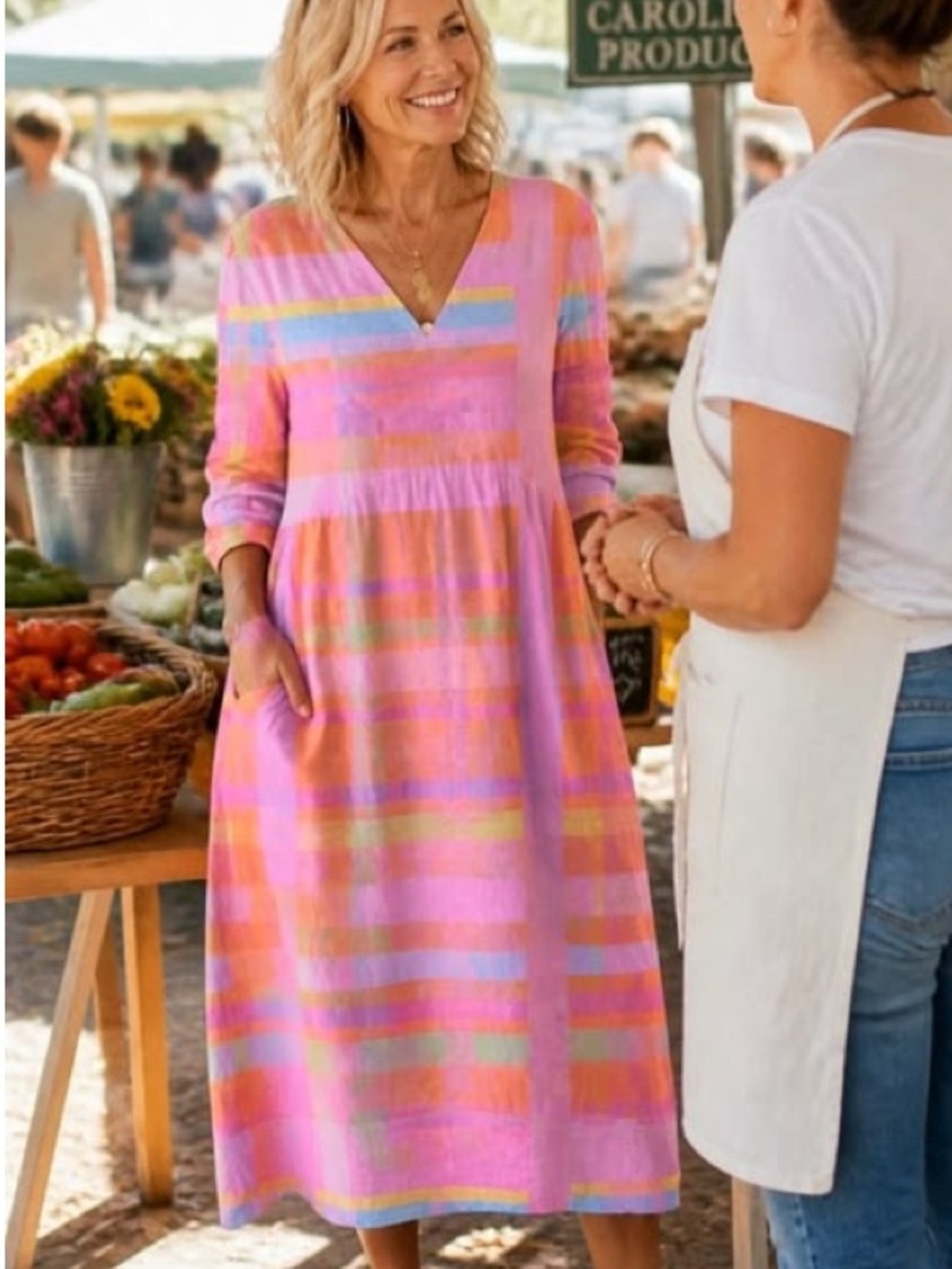 Women’s Pink Multicolor Stripe V-Neck Midi Dress